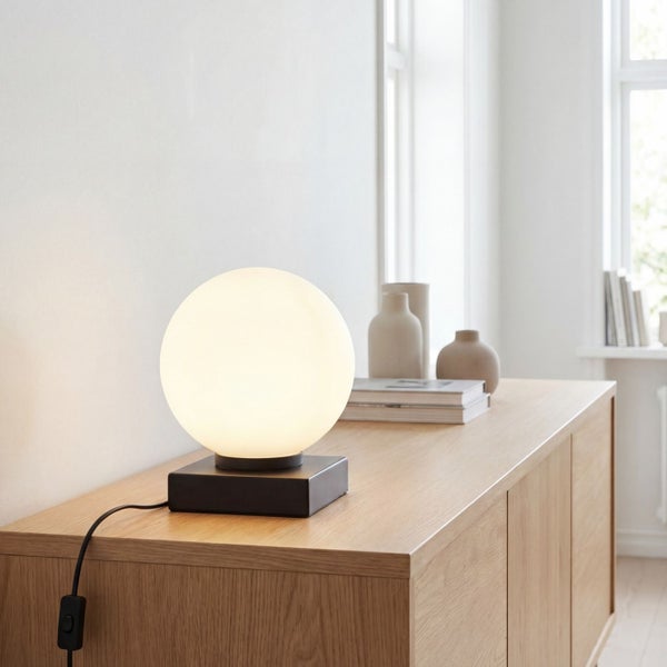 Kugelförmige Tischleuchte mit weißem Glasschirm auf schwarzem, quadratischem Sockel, auf einem Holz-Sideboard in einem hellen, aufgeräumten Raum.