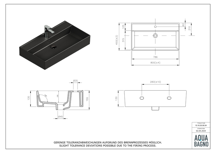 Aqua Bagno Basic Plan Waschbecken 10.16.30.06.04 – 80 x 45 cm – Schwarz Matt – Keramikbecken mit Hahnloch & Überlauf