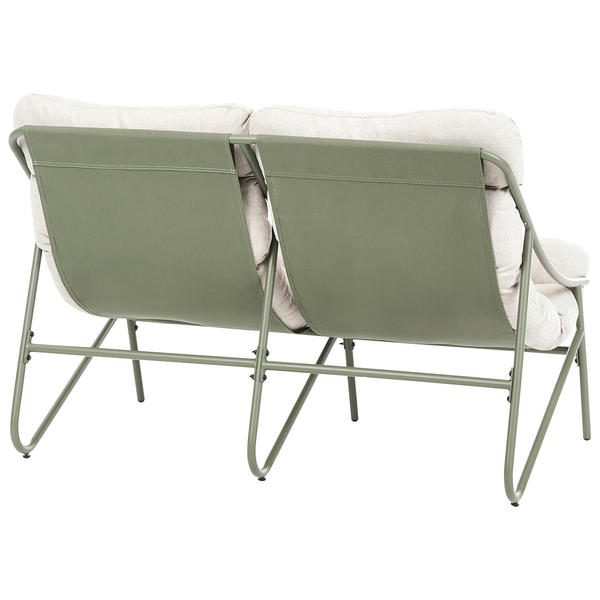 Rückansicht eines grünen Gartensofas für zwei Personen mit Metallgestell und beigen Polstern.
