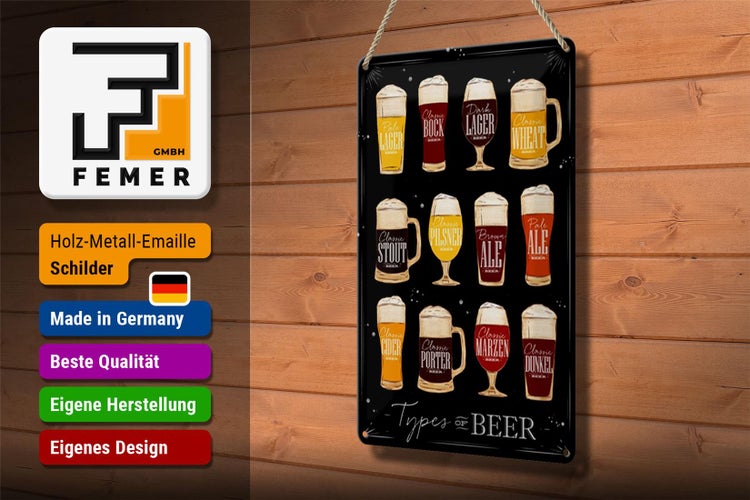 Blechschild Spruch 20x30cm Types of Beer Bier Sorten schwarz