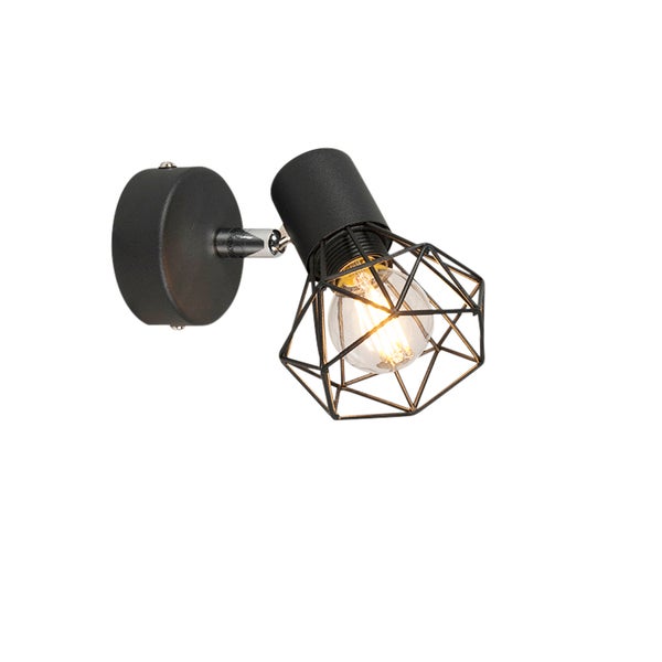 Schwarze Wandleuchte mit geometrischem Lampenschirm und Glühbirne