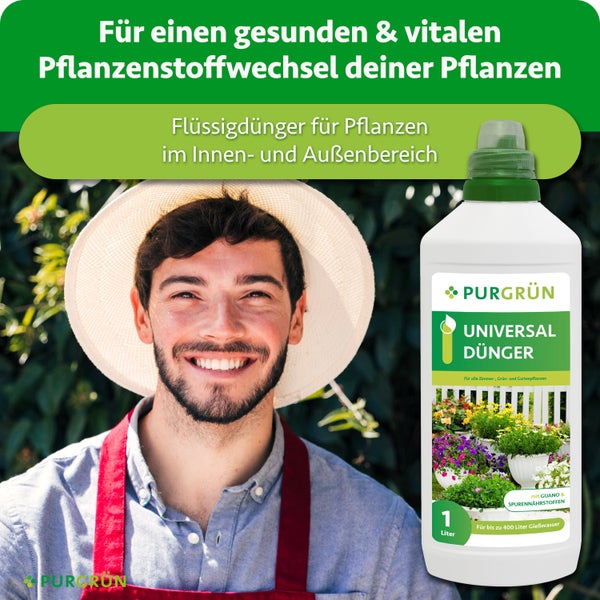 Purgrün Universal Flüssigdünger mit Guano in einer 1 Liter Flasche für Zimmerpflanzen, Grünpflanzen und Gartenpflanzen.