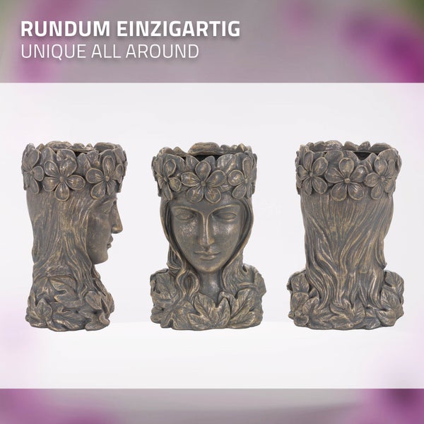 ML-Design Pflanztopf Frauenkopf Figur 21x16x32 cm Bronze Kunstharz, Innen/Außen, Groß Büste Skulptur, Weiblich Mädchen Statue Dame Gesicht Pflanzgefäß Blumentopf Übertopf Pflanzer Gartendeko Vase Urne
