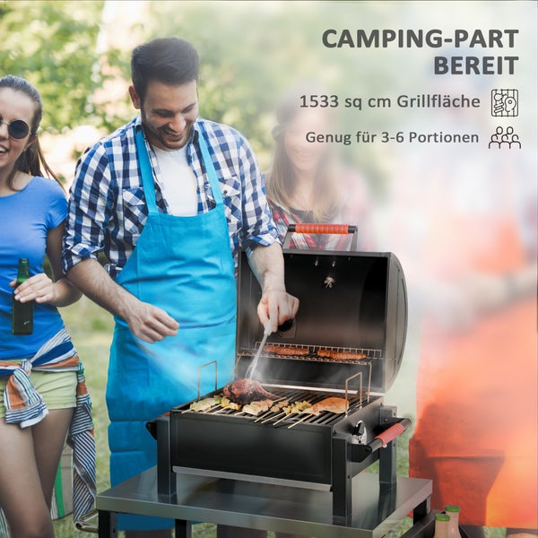 Outsunny Holzkohlgrill, Tischgrill mit Grillrost, Deckel für Picknick, Verzinkter Stahl, Schwarz, 68,5 x 50 x 54 cm