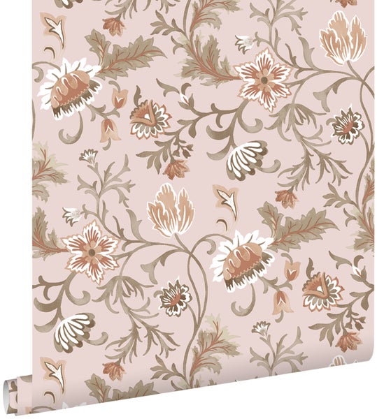 ESTAhome Tapete Blumenmuster Altrosa, Terrakotta und Grün - 53 cm x 10.05 m - 139478