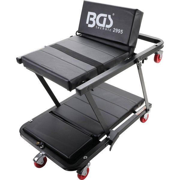 2 in 1 Rollbrett und Werkstatthocker von BGS technic mit schwarzer Polsterung und sechs roten Rollen.