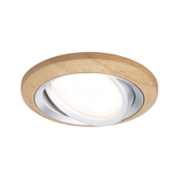 Runder LED Einbaustrahler mit Holzoptik Rahmen und schwenkbarem Einsatz zur Deckenmontage