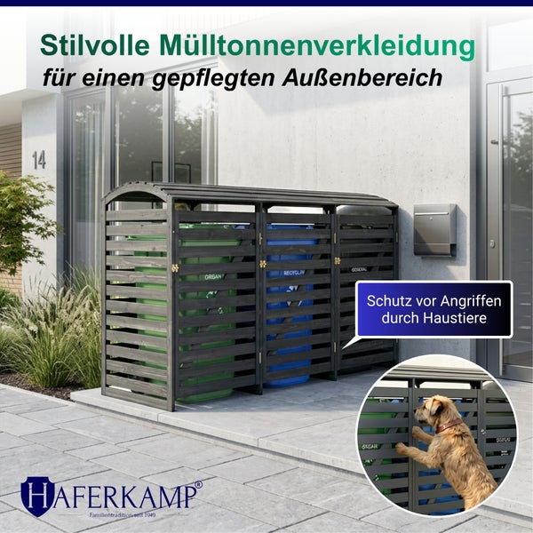 Mülltonnenbox aus Holz für drei Tonnen vor einem Haus, mit Detailansicht eines Hundes, der versucht, die Box zu öffnen.