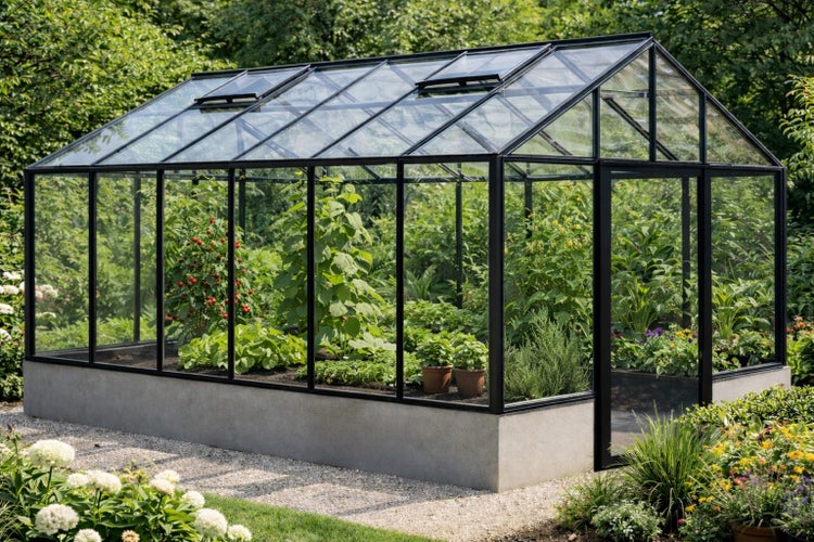 Freistehendes Gewächshaus mit schwarzem Aluminiumrahmen und Verglasung auf einem Betonsockel, bepflanzt mit Tomaten und Grünpflanzen im Garten.