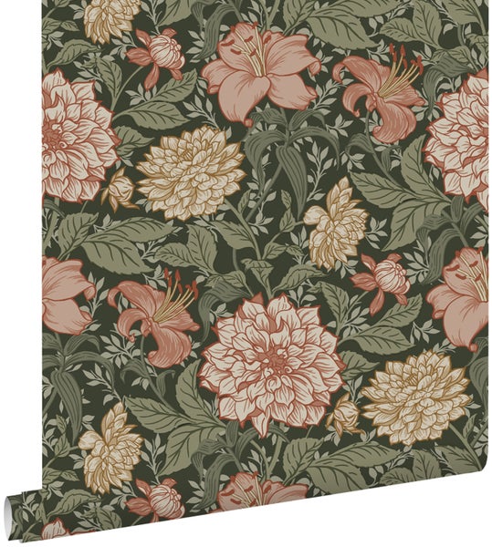 ESTAhome Tapete Blumenmuster Graugrün und Terrakottarosa - 0,53 x 10,05 m - 139381