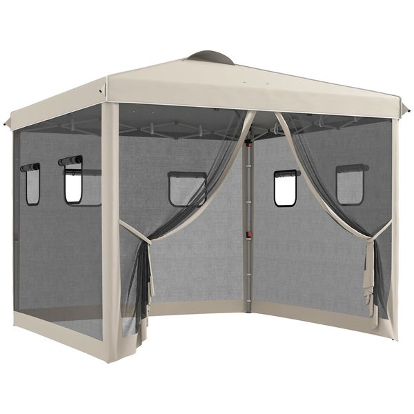 Outsunny Faltpavillon ca. 3 x 3 m, Pavillon mit 4 Netzvorhängen, Gartenpavillon mit UV-Schutz, Pop Up Pavillon mit Fenster, Tragetasche, für Garten, Pavillon, Beige