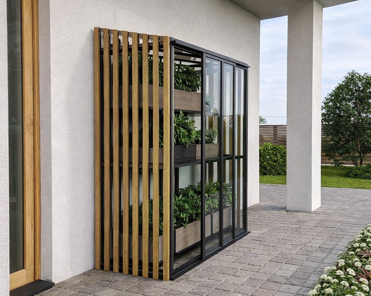 Modernes Anlehn-Gewächshaus mit Metallrahmen, Glasfront und Holzlamellen an der Seite, bepflanzt in drei Ebenen auf einer Terrasse.