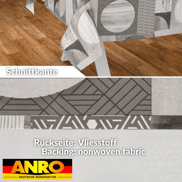 Wachstuch mit geometrischem Muster und Holzoptik, Rückseite aus Vliesstoff, Schnittkante, ANRO Logo.