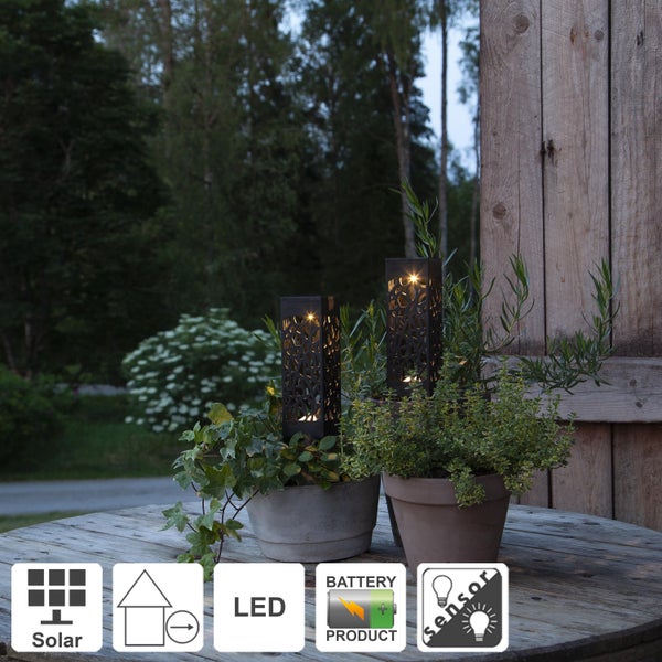 Zwei dekorative LED Solarleuchten in Blumentöpfen auf einem Holztisch. Solarbetrieben, mit LED und Sensor ausgestattet.