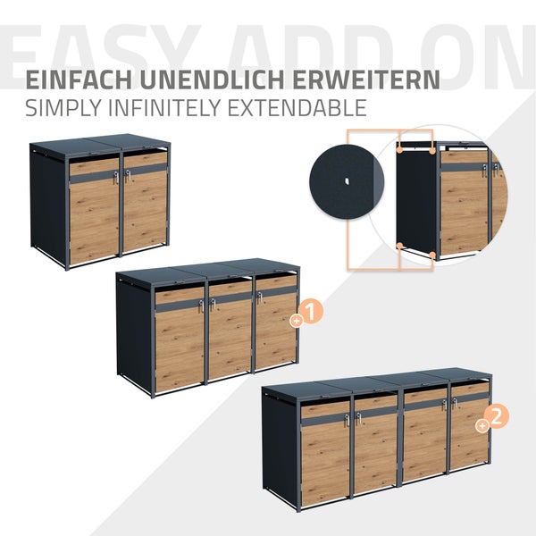 ML-Design Mülltonnenbox 2er 2 Tonnen 240L 132x80x116,3cm Anthrazit-Eichenoptik, Stahl, wetterfest/abschließbar Mülltonnenverkleidung Klappdeckel/2 Türen, Müllbox Mülltonnecontainer Mülltonnenabdeckung