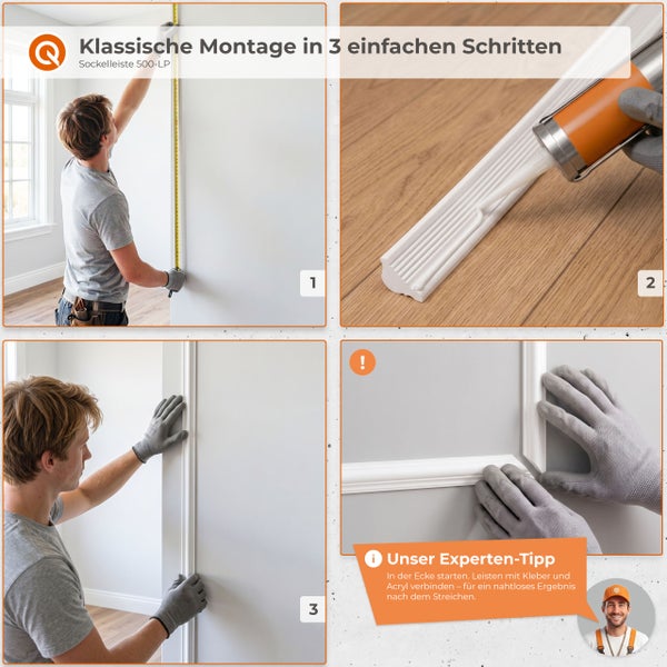 Anleitung zur Montage einer Sockelleiste in drei Schritten. Ein Handwerker misst die Wand, klebt die Leiste und drückt sie an der Wand fest.