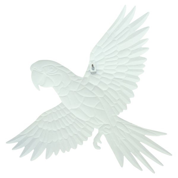 Wanddekoration aus Metall in Form eines fliegenden Papageis, weiß.