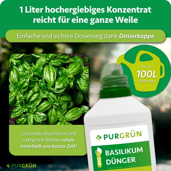 Purgrün Basilikum Dünger Konzentrat in 1 Liter Flasche mit Dosierkappe für 100 Liter Gießwasser, geeignet für biologischen Anbau.