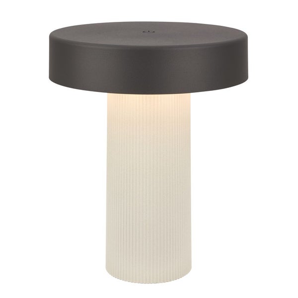 Moderne LED-Tischleuchte mit anthrazitfarbenem Schirm und weißem, geriffeltem Sockel.