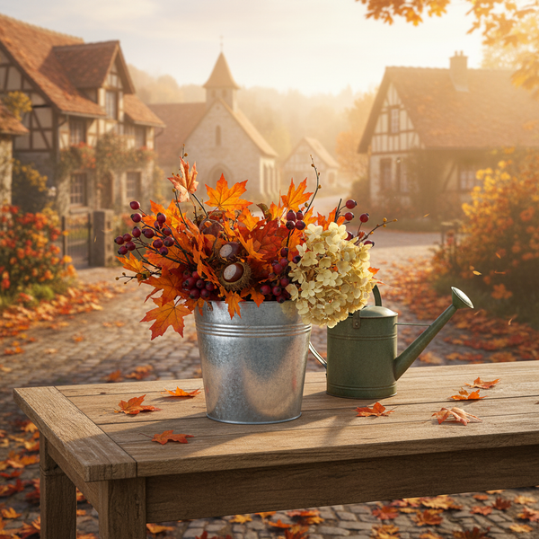 Herbstlicher Blumenstrauß mit Ahornblättern und Beeren in einem Zinkeimer neben einer grünen Gießkanne auf einem Holztisch im Freien.