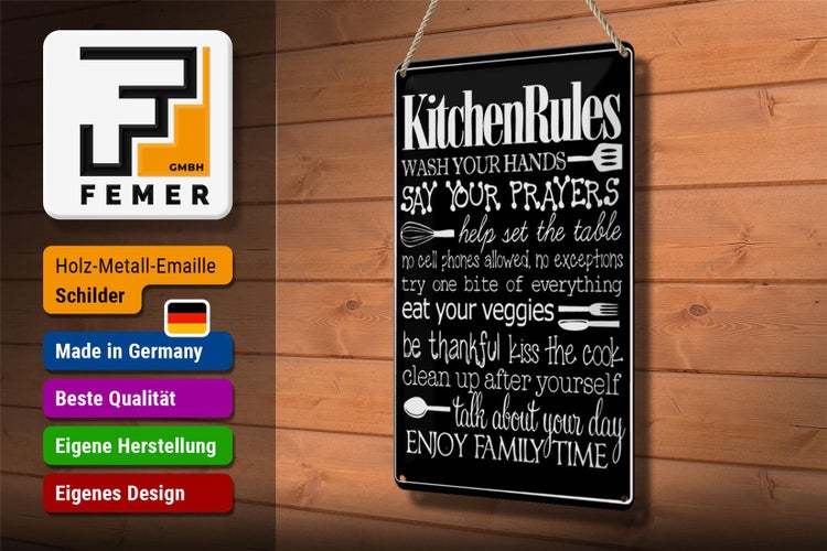 Blechschild Spruch 20x30cm Kitchen Rules wash your hands