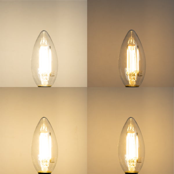 Vier Ansichten einer leuchtenden klaren LED-Filament-Kerzenlampe mit unterschiedlichen Stufen warmweißer Helligkeit.