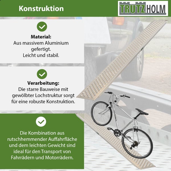 Verschiedene Szenen zeigen die Anwendungsmöglichkeiten einer Rampe zur Überwindung von Hindernissen, wie Treppen, Motorradtransport und Fahrradtransport.