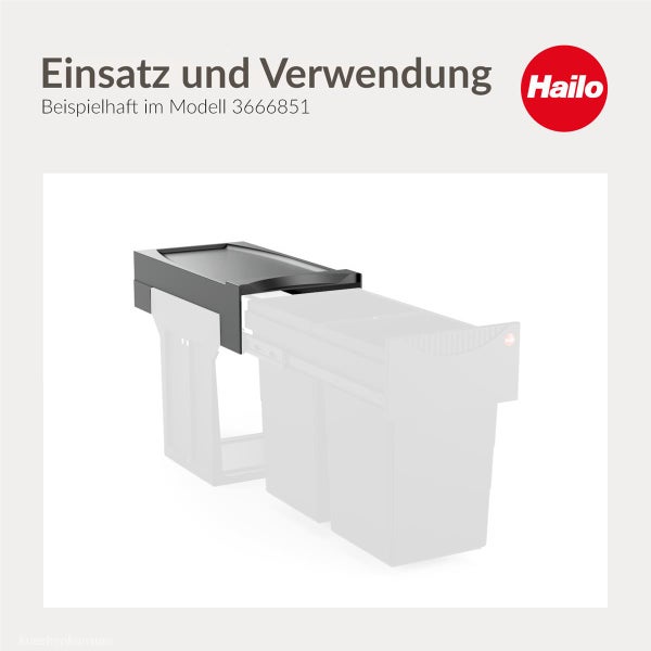 Hailo Logo. Darstellung von Einsatz und Verwendung einer Ablage für Abfalltrennsysteme.