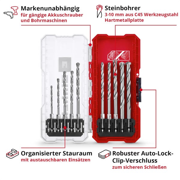 Einhell S-CASE 10-tlg. Steinbohrer-Set (nach DIN 10083-2 aus Werkzeugstahl, E 6.3 Schaft, eingesetzte Hartmetallplatte, rollgewalzte Spindel inkl. Aufbewahrungsbox)