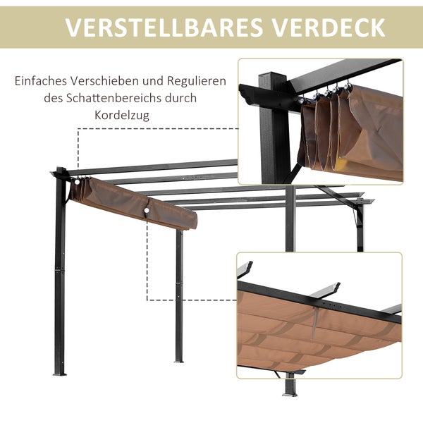Outsunny Pergola Pavillon mit einstellbarem Stoffdach 3 x 4 m Terrassen-Vordach Aluminium Sonnenschutz Überdachung Terrasse Garten Grau+Braun