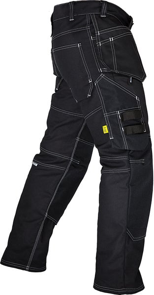 Schwarze Arbeitshose mit weißen Nähten und mehreren Taschen