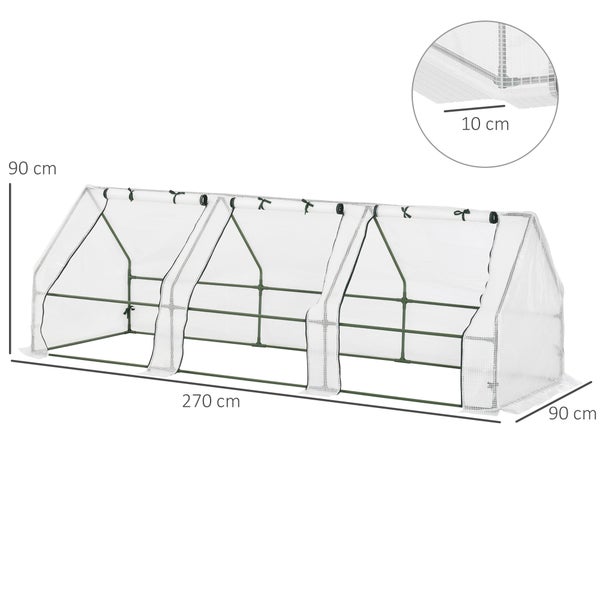 Outsunny Mini Gewächshaus, Wetterbeständige Foliengewächshaus mit 3 Rollfenster, 270 x 90 x 90 cm, PE Folie, Stahl, Weiß