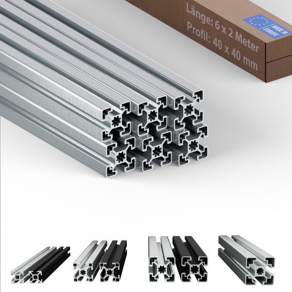 Aluminiumprofile 40 x 40 mm mit Verpackung und Made in Europe Siegel