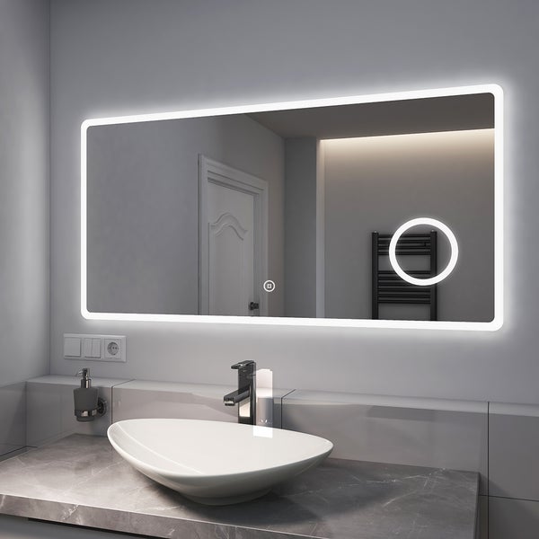 EMKE Badspiegel mit 3-fache Vergrößerung, LED Beleuchtung, 120x60cm, Kaltweißes Licht, Touch