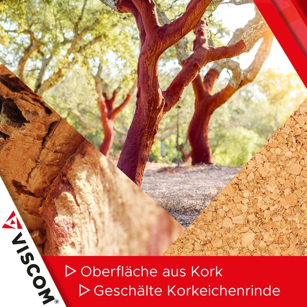 Viscom Logo und Darstellung einer Korkeiche im Wald sowie Detailaufnahme der geschälten Rinde und der verarbeiteten Korkoberfläche.