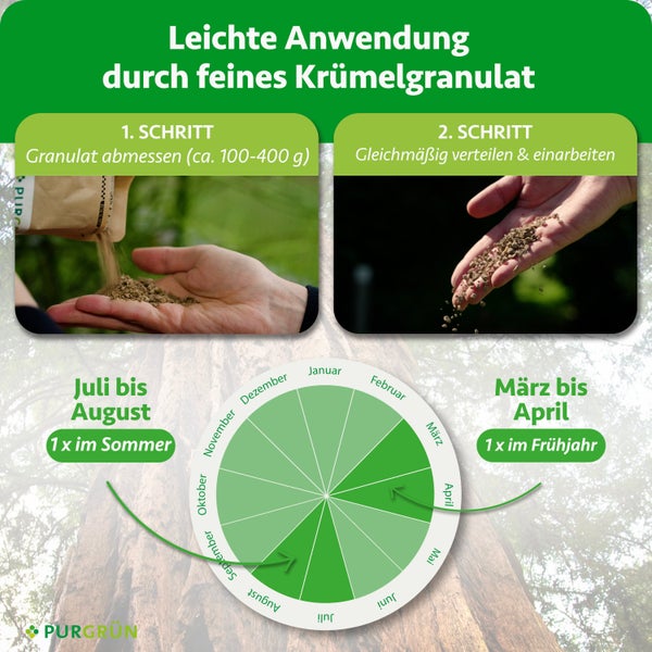 Anleitung Purgrün Granulat: Schritt 1 Abmessen von circa 100-400 Gramm, Schritt 2 Verteilen. Anwendung März bis April und Juli bis August. Purgrün Logo.