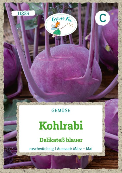 Samenvorderseite Kohlrabi Delikateß blauer, schnellwüchsiges Gemüse, Aussaat von März bis Mai, Grüne Fee Logo.
