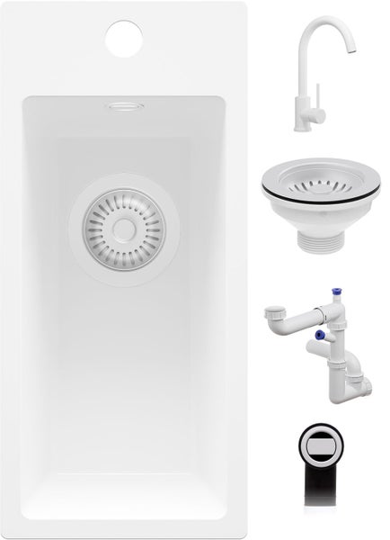 Weißes Einbauspüle-Set mit rechteckigem Spülbecken, Küchenarmatur, Siebkorbventil, Überlauf und Siphon.