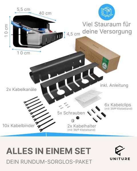 Uniture Kabelmanagement-Set: zwei schwarze Kabelkanäle, 40 Zentimeter Länge, zehn Kabelbinder, sechs Clips, zwei Halter und Anleitung. Uniture Logo.