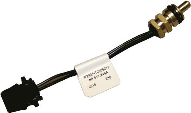 Temperatursensor aus Messing mit schwarzem Kabel und Steckverbindung für Heizungsanlagen.