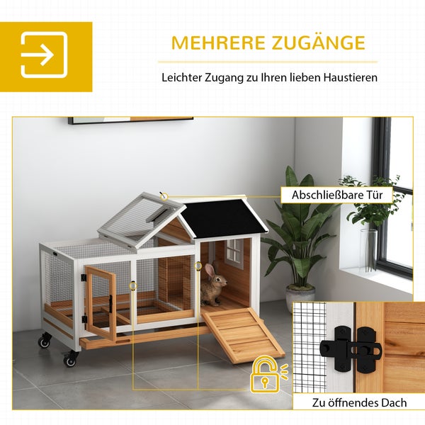 PawHut Zwergkaninchenstall aus Holz, 108 x 58 x 73,5 cm Kleintierstall mit Freilaufgehege, Rädern, Klappdach, Zwergkaninchenkäfig mit Ausziehbarem Tablett für Indoor, Outdoor, Gelb