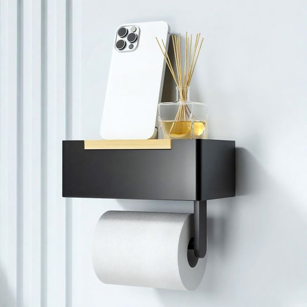 BERLINLODGE Toilettenpapierhalter mit eingebauter Box, 6,5x20x12cm, Schwarz/Bambus, Klopapierhalter mit Ablage Klorollenhalter WC Papier Halterung ohne Bohren, Selbstklebend oder zum Schrauben