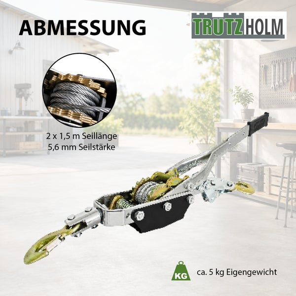 Trutzholm Seilzug mit 2 x 1,5 Meter Seillänge und 5,6 Millimeter Seilstärke, Eigengewicht circa 5 Kilogramm.