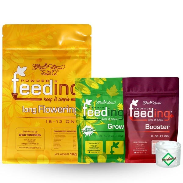 Drei Packungen Green House Seed Co Dünger: Langblühend, Wachstum, Booster und ein Messbecher