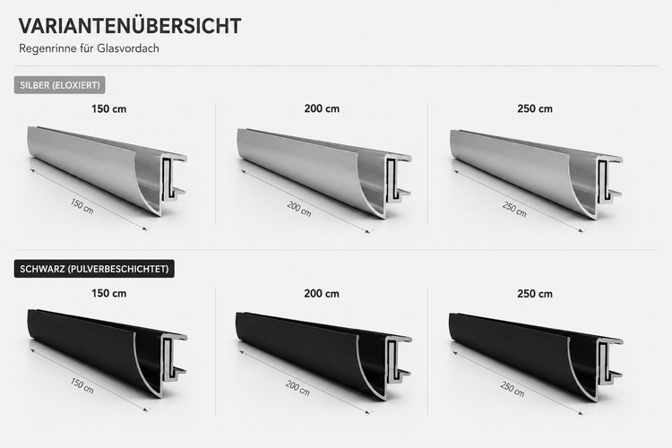 Variantenübersicht von Regenrinnen für Glasvordächer in Silber eloxiert und Schwarz pulverbeschichtet in den Längen 150, 200 und 250 Zentimeter.