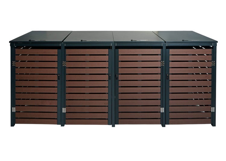 Drei Mülltonnenboxen aus Metall und Kunststofflatten zur Abdeckung von Mülltonnen