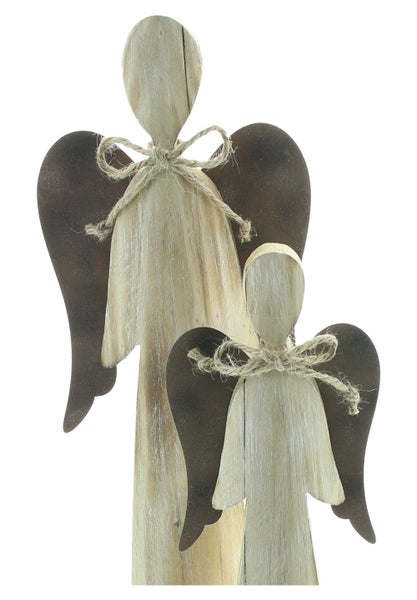 Dekorative Holzfiguren, zwei Engel mit Flügeln und Bindfaden.