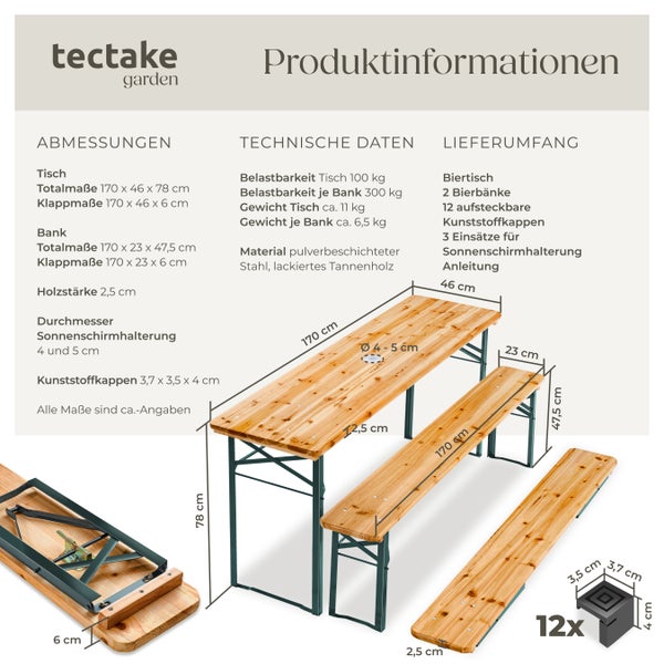 Bierzeltgarnitur tectake Ludwig Holzlackierung mit Klarlack 3-teilig, klappbar, mit Sonnenschirmhalterung braun