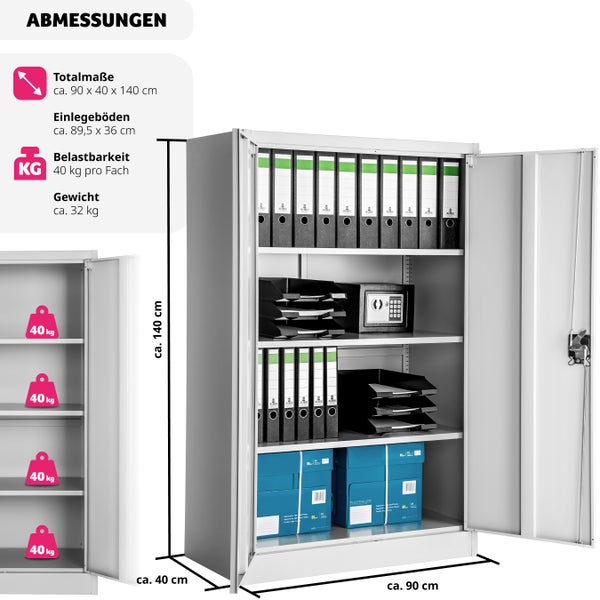 Aktenschrank tectake  140 x 90 x 40 cm aus pulverbeschichtetem Stahl grau