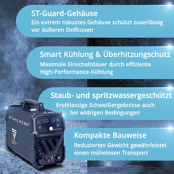 Stahlwerk CUT 50 P Digital Plasmaschneider mit robustem Gehäuse, intelligenter Kühlung, Überhitzungsschutz, Staub- und Spritzwasserschutz und kompakter Bauweise